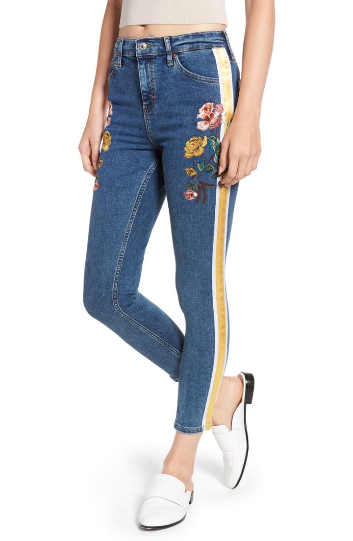 Women's Topshop Stripe Floral Denim Pants W X 30l (fits Like 25-26w) - Blue