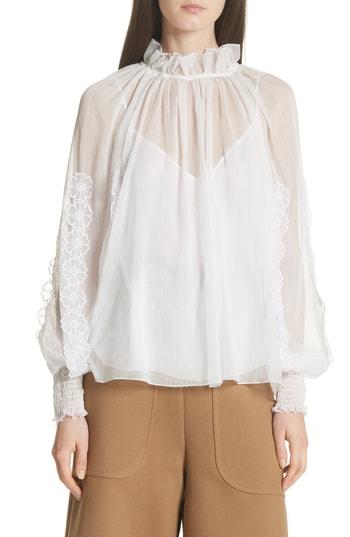 Women's See By Chloe Floral Applique Puff Sleeve Blouse Us / 34 Fr - White