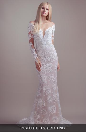 Women's Blush By Hayley Paige Jameson Illusion Lace Sheath Wedding Dress, Size In Store Only - Ivory