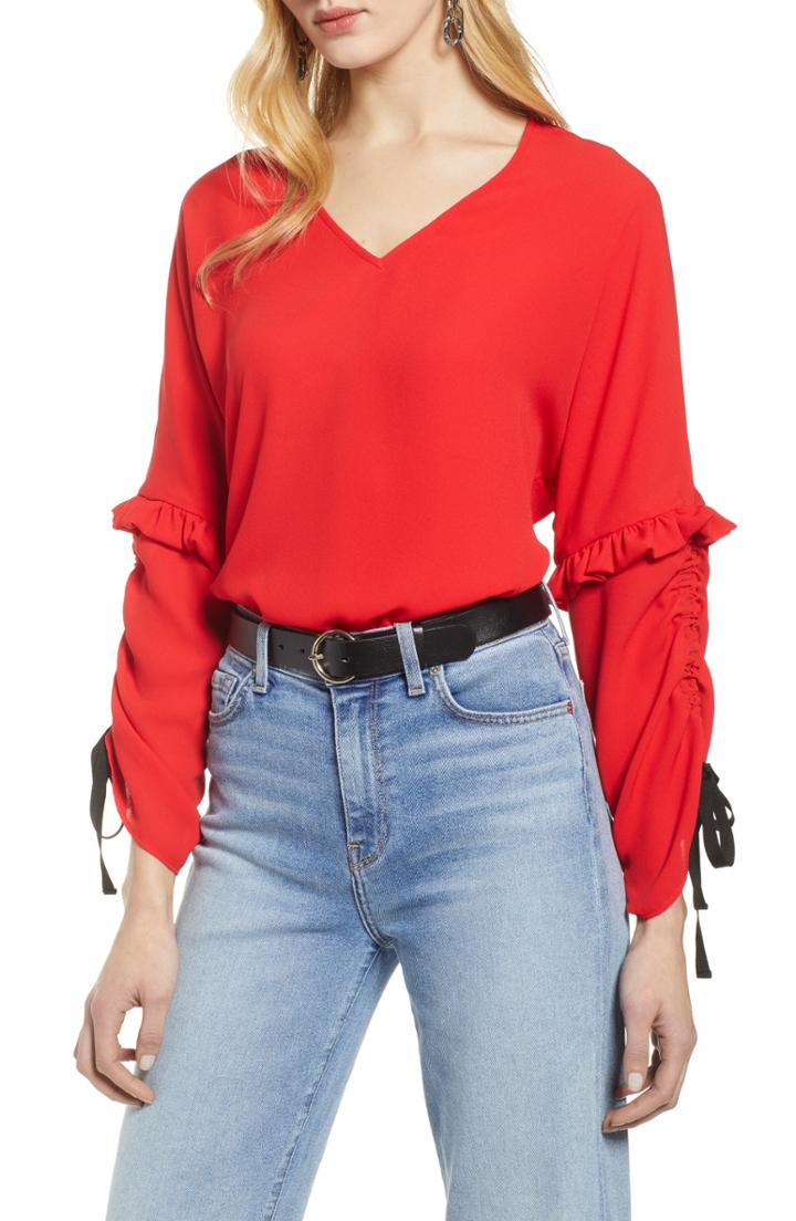 Women's Halogen Ruched Tie Sleeve Top - Red