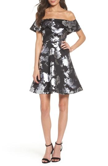 Women's Sequin Hearts Off The Shoulder Foil Scuba Fit & Flare Dress - Black
