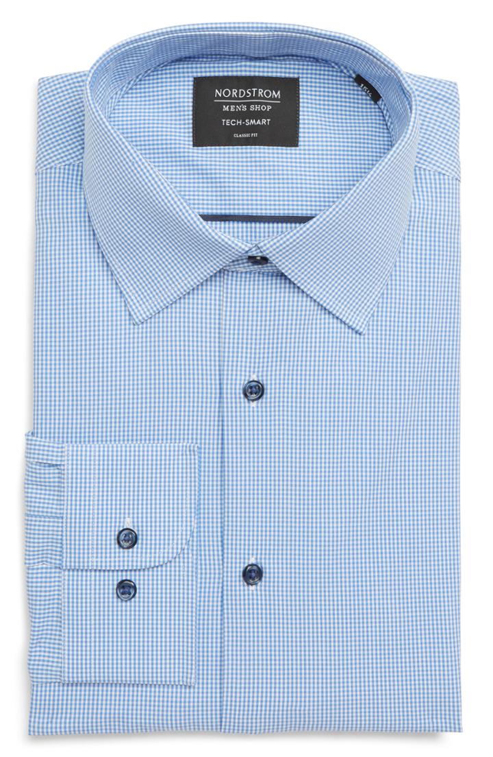 Men's Nordstrom Men's Shop Tech-smart Classic Fit Stretch Check Dress Shirt - 34/35 - Blue