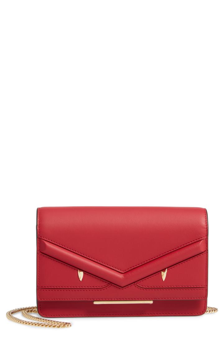 Women's Fendi Wonder Monster Calfskin Leather Wallet On A Chain - Red