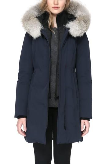 Women's Soia & Kyo 'salma' Genuine Coyote Fur Trim Down Parka With Inset Bib - Blue
