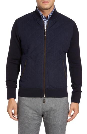 Men's Peter Millar Crown Quilt Front Merino Wool Blend Cardigan, Size - Blue
