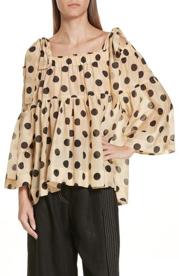Women's Lee Mathews Minnie Polka Dot Cotton & Silk Cold Shoulder Top - Beige