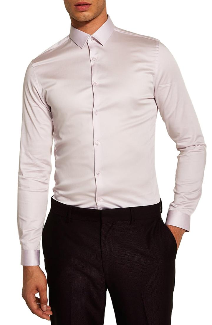 Men's Topman Satin Stretch Classic Fit Shirt, Size - Purple