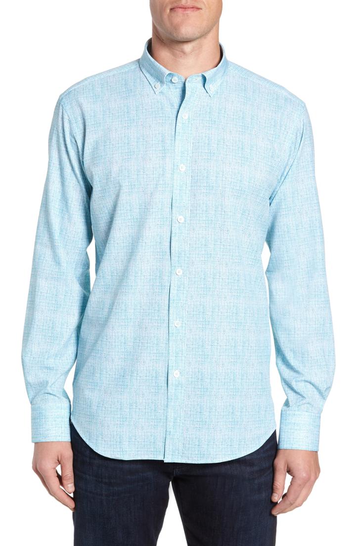Men's Bugatchi Shaped Fit Crosshatch Sport Shirt - Blue