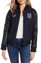 Women's Guess Patch Detail Mixed Media Bomber Jacket - Blue