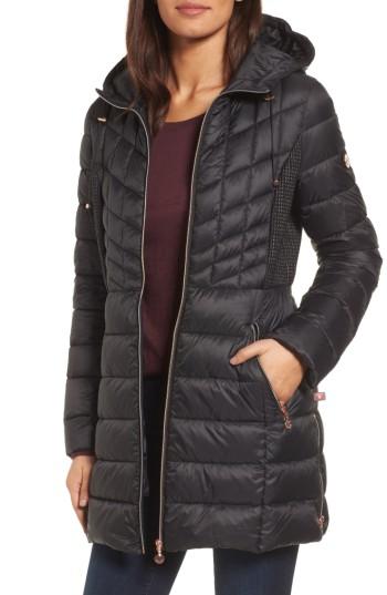 Women's Bernardo Hooded Packable Down & Primaloft Coat - Black