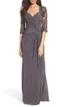 Women's La Femme Lace & Net Ruched Twist Front Gown - Grey