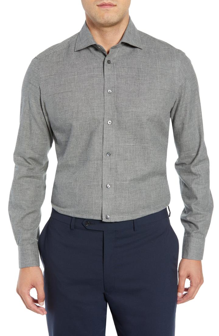 Men's Luciano Barbera Slim Fit Herringbone Dress Shirt, Size - Grey