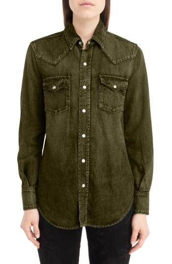 Women's Saint Laurent Western Stitched Pocket Shirt - Green