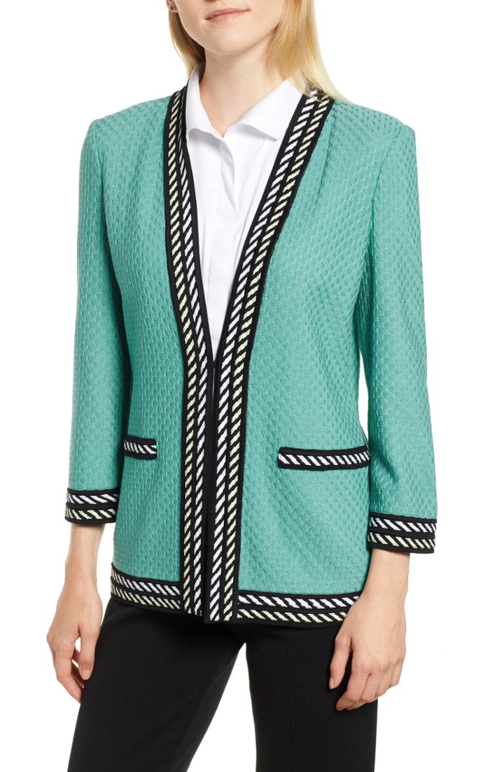 Women's Ming Wang Stripe Trim Jacquard Knit Jacket - Green