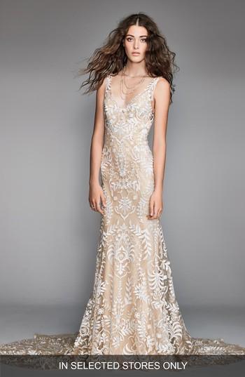 Women's Willowby Corella Embroidered Lace & Charmeuse Mermaid Gown - Beige