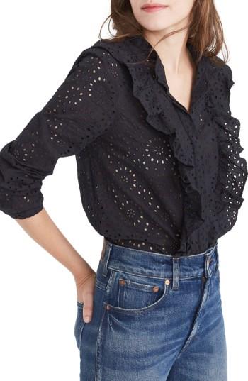 Women's Madewell Ruffle Eyelet Blouse, Size - Black