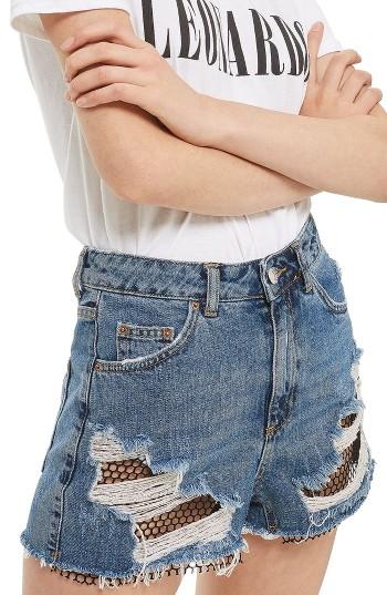 Women's Topshop Fishnet Rip Mom Shorts Us (fits Like 0) - Blue