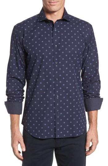Men's Bugatchi Shaped Fit Dot Check Sport Shirt, Size - Blue