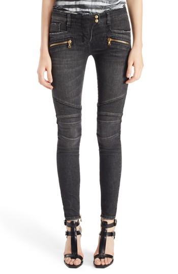 Women's Balmain Washed Moto Skinny Jeans Us / 36 Fr - Grey