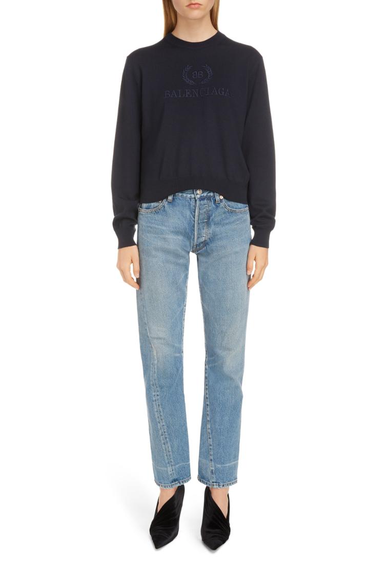 Women's Balenciaga Wreath Logo Embroidered Wool Sweater - Black