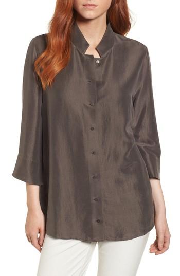 Women's Eileen Fisher Silk Georgette Crepe Stand Collar Shirt, Size - Grey