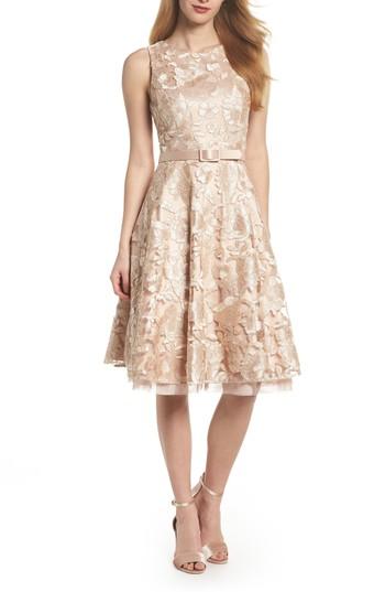 Women's Eliza J Belted Lace Fit & Flare Dress - Beige