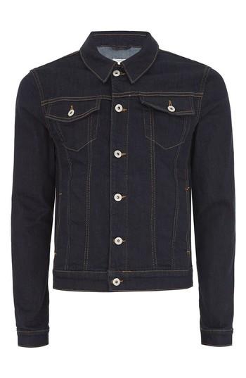 Men's Topman Raw Muscle Fit Denim Jacket, Size - Blue