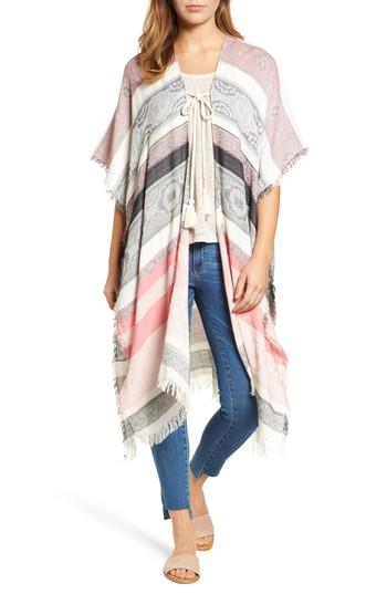 Women's Caslon Fringe Jacquard Stripe Ruana, Size - Black