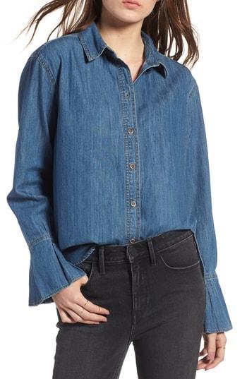 Women's Treasure & Bond Pleated Cuff Chambray Shirt, Size - Blue