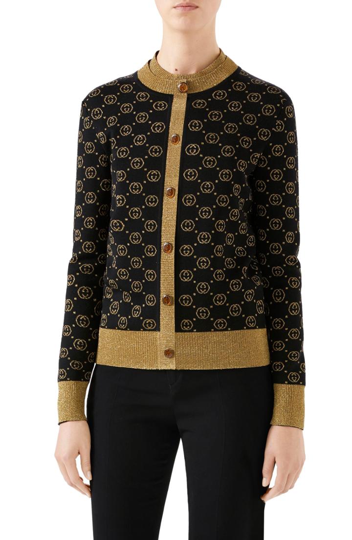 Women's Gucci Metallic Gg Cardigan - Black
