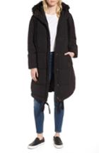 Women's Lost Ink Quilted Swing Coat With Faux Fur Trim, Size - Black