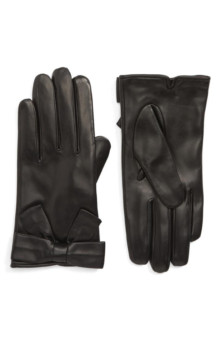 Women's Kate Spade New York Self Knot Bow Leather Gloves - Black