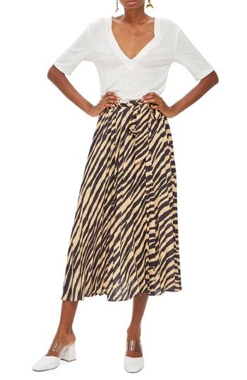 Women's Topshop Zebra Print Pleated Midi Wrap Skirt Us (fits Like 0) - Black