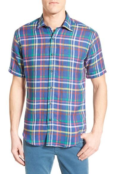 Men's Bugatchi Shaped Fit Plaid Linen Sport Shirt - Blue
