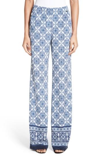 Women's St. John Collection Kali Tile Print Stretch Silk Pants, Size - Blue