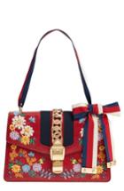 Gucci Small Sylvie Floral Embroidered Leather Top Handle Shoulder Bag - Red