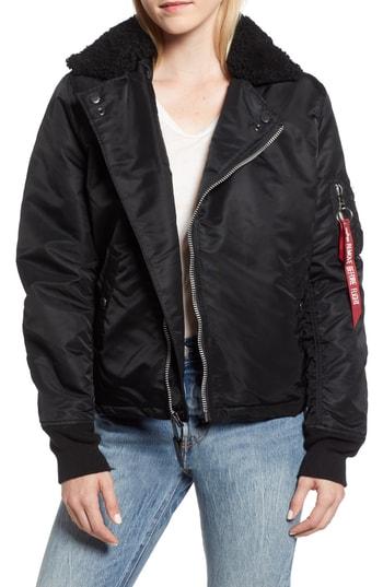Women's Alpha Industries B-15 Removable Genuine Shearling Collar Flight Jacket - Black
