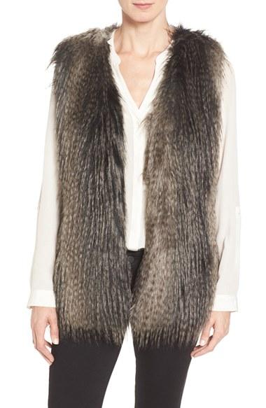 Women's Via Spiga Collarless Faux Fur Vest - Black