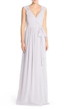 Women's Ceremony By Joanna August 'newbury' Gathered Sleeve Chiffon Wrap Gown X-large - Grey