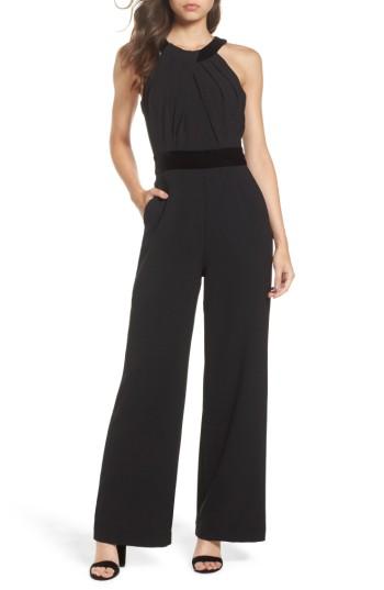 Women's Eliza J Crepe & Velvet Halter Jumpsuit - Black