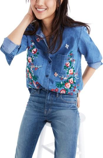 Women's Madewell Embroidered Denim Shirt - Blue