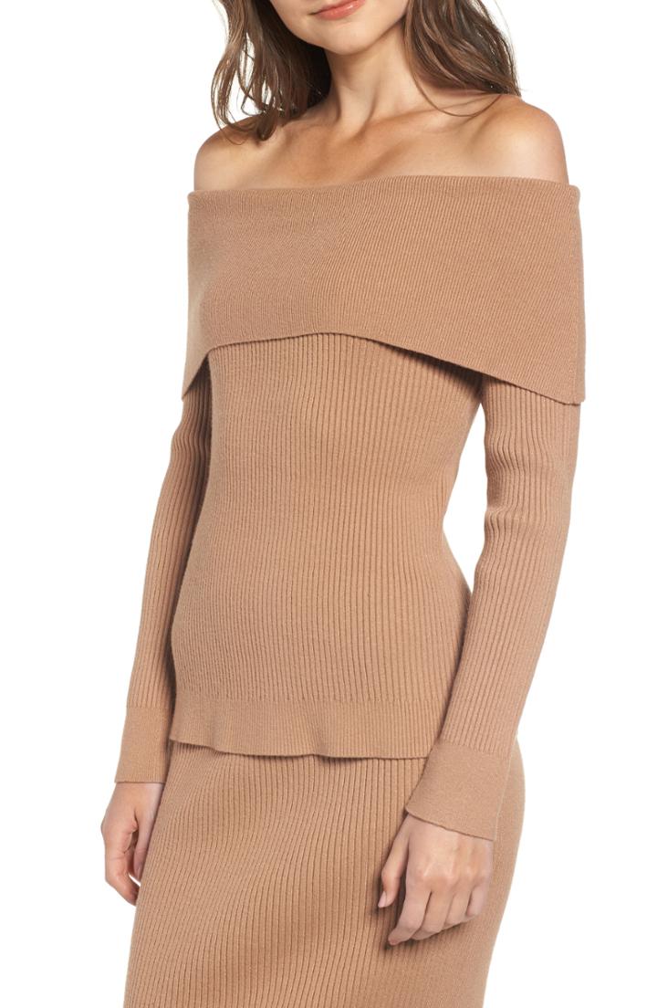 Women's English Factory Off The Shoulder Ribbed Sweater - Beige