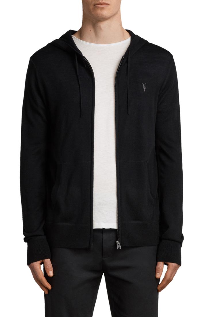 Men's Allsaints Mode Slim Fit Merino Wool Zip Hoodie, Size - Black