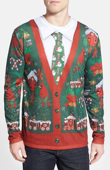Men's Faux Real 'ugly Christmas Cardigan' Long Sleeve T-shirt