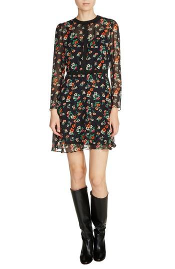 Women's Maje Rib Trim Floral Chiffon Dress - Black