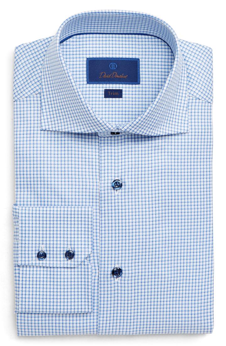 Men's David Donahue Check Pattern Trim Fit Dress Shirt - 32/33 - Blue
