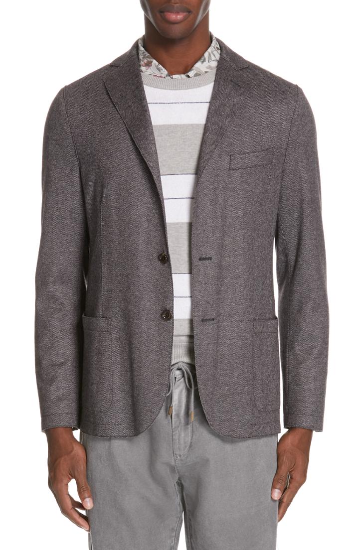 Men's Eleventy Trim Fit Herringbone Wool Blend Sport Coat Us / 48 Eu R - Brown
