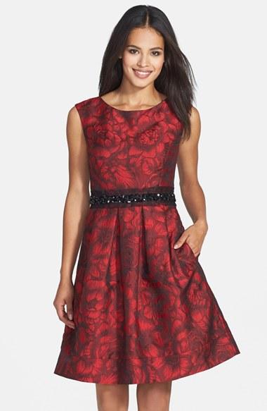 Women's Eliza J Embellished Waist Brocade Fit & Flare Dress