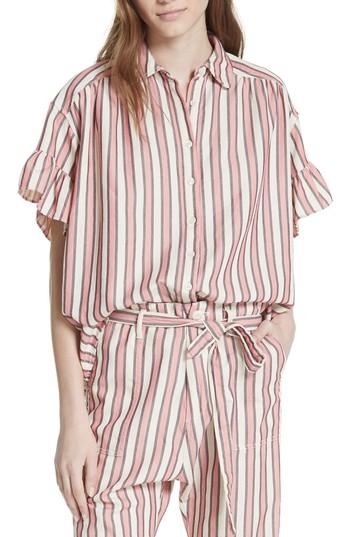 Women's The Great. Flutter Sleeve Stripe Shirt - Pink