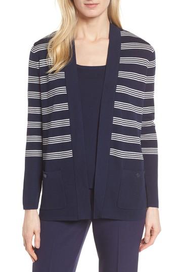 Women's Anne Klein New York Stripe Patch Pocket Cardigan - Blue